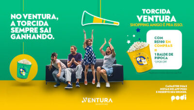 Torcida Ventura com baldes para pipocas nas cores verde e amarelo